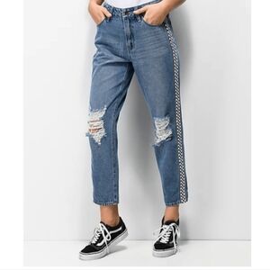 Emprye Eileen Checkered Side Stripe Distressed Mom Jeans Pants